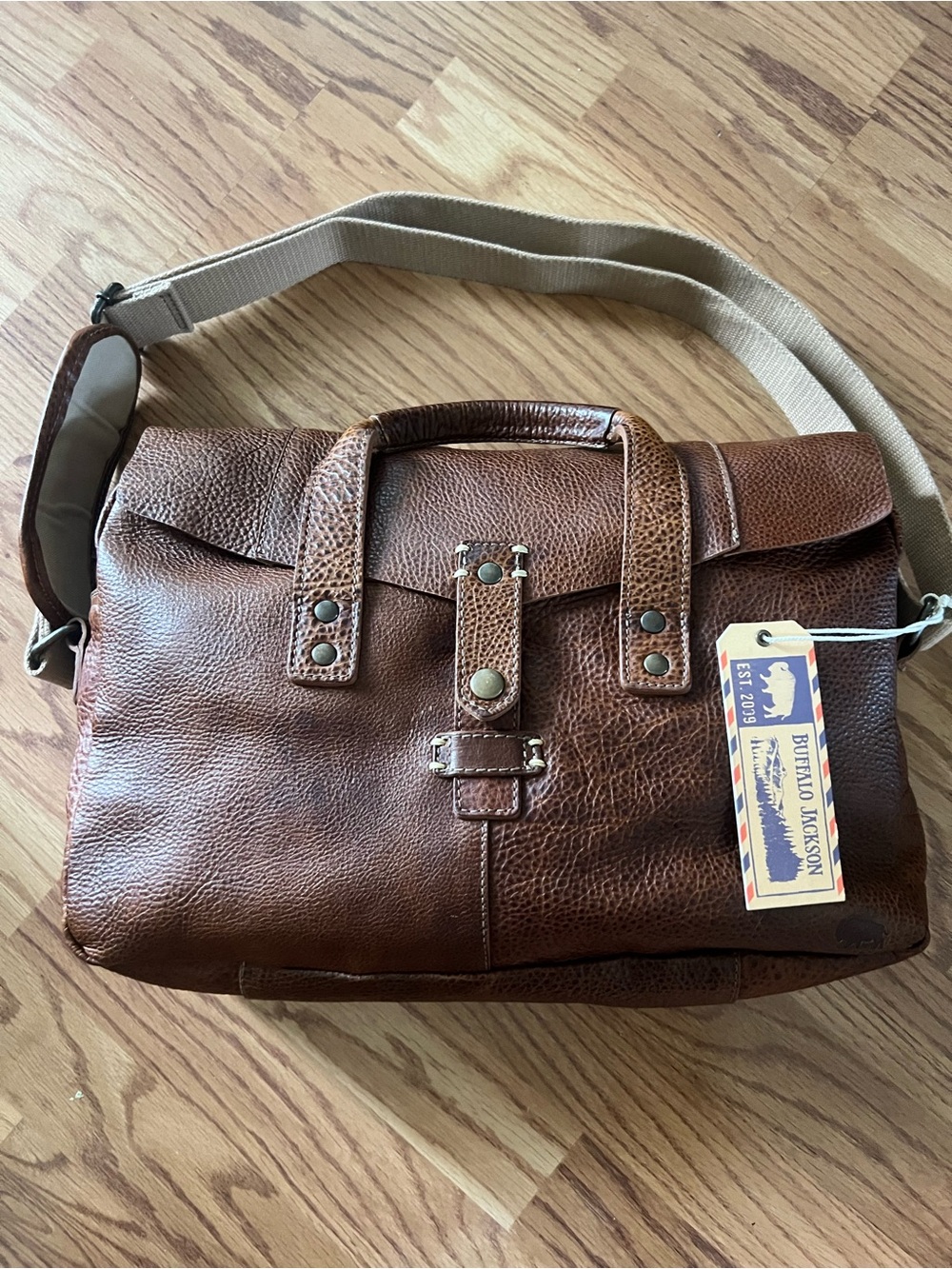 Buffalo Jackson Co. Premium Brown Leather Briefcase with Canvas Shoulder Strap